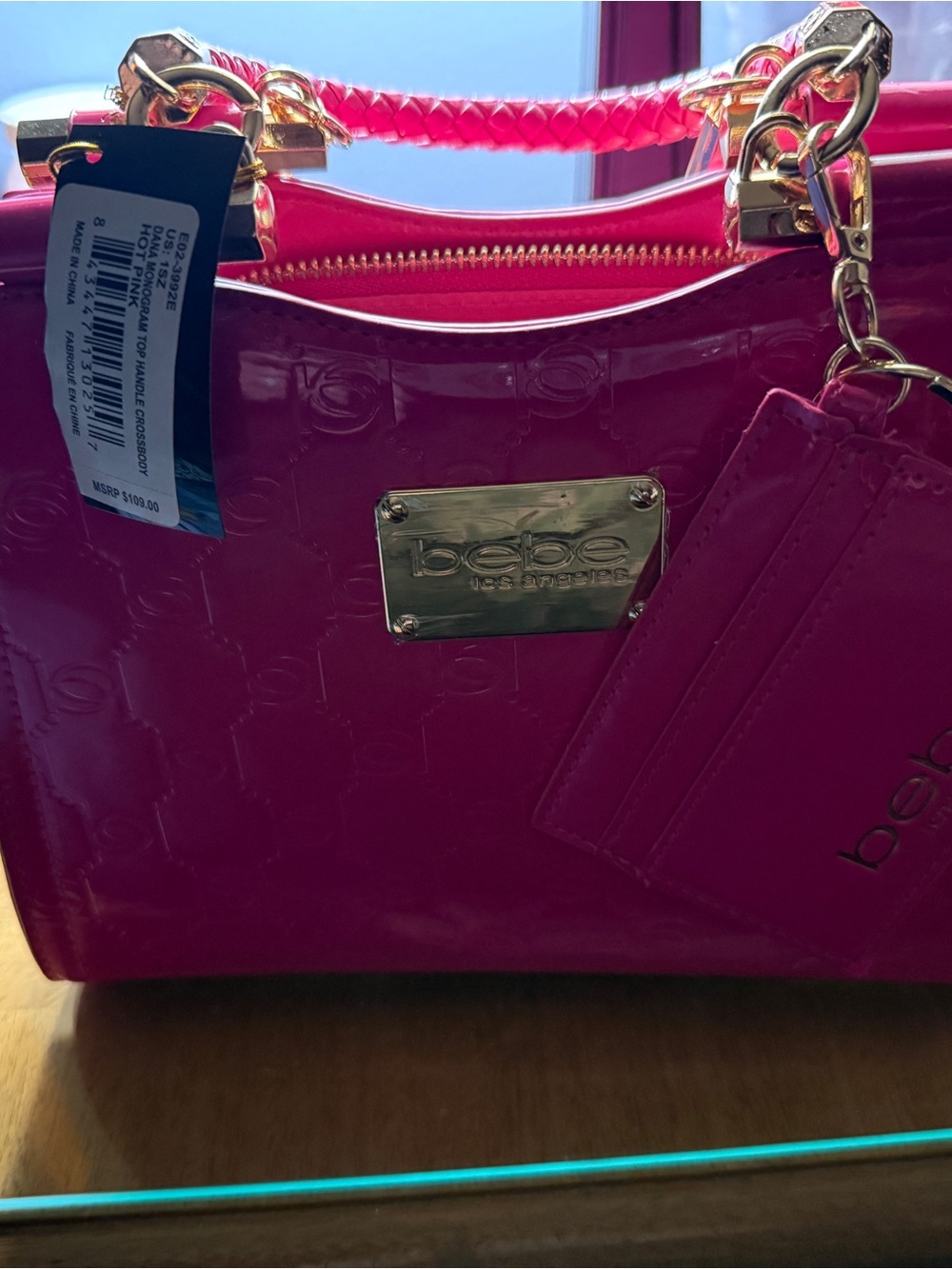 bebe Patent Satchel in Hot Pink with Gold Hardware